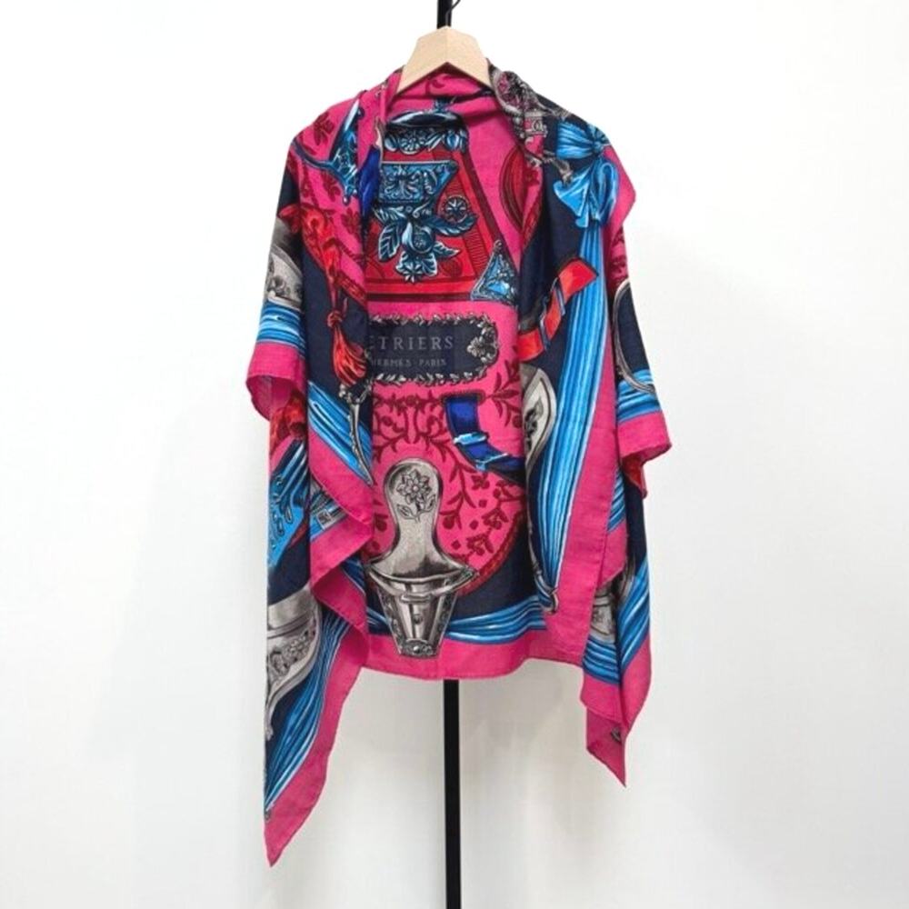HERMES Fuchsia Cashmere and Silk Etriers Design Shawl Purple Blue Blanket Scarf